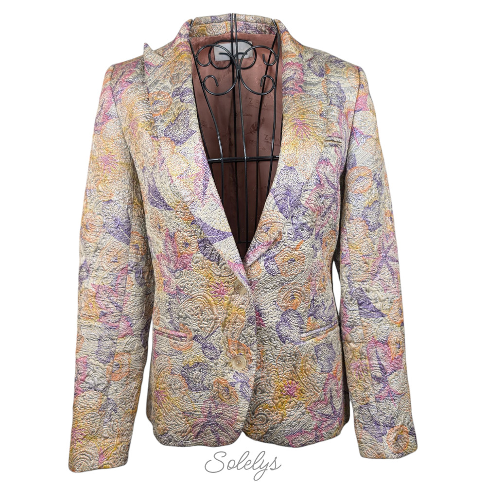 Zadig & Voltaire Deluxe Virginie Embossed Floral Gold Purple Blazer 36 Small - Picture 3 of 14